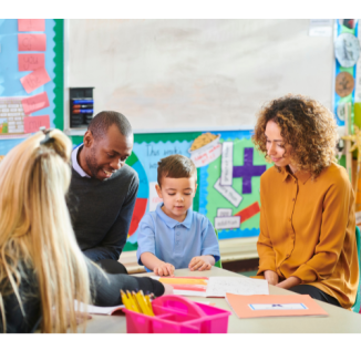 Parents Child and Teacher in classroom